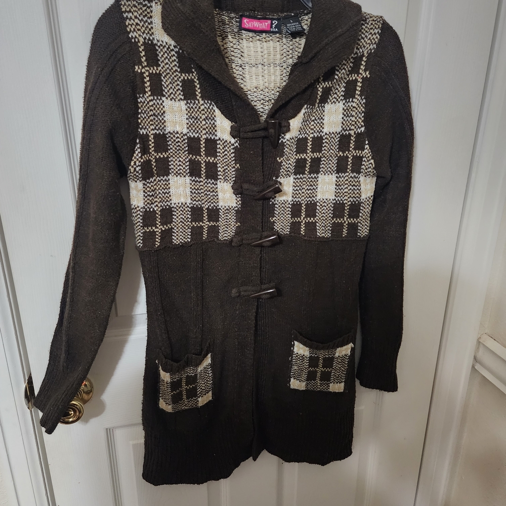 Say What? Women's Dark Brown Checkered Knit Sweatee